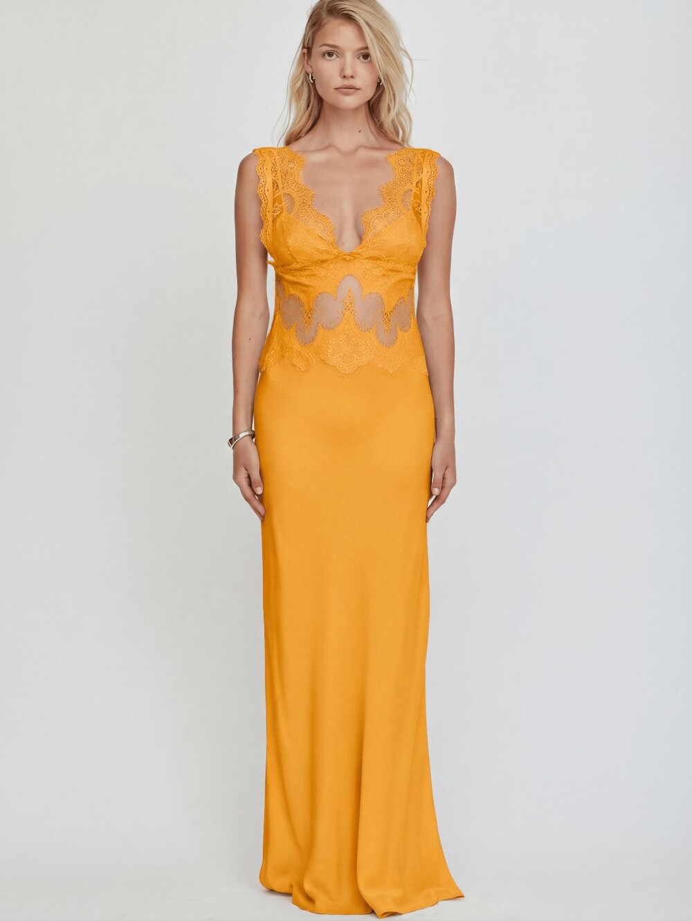 Third Form VISIONS LACE FLOOR LENGTH DRESS In Mango